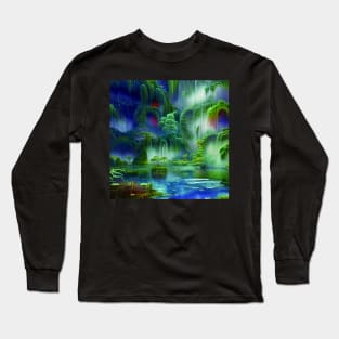 Magical Blue Landscape Painting with Peaceful Illustrations Long Sleeve T-Shirt